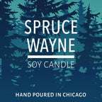 Blue graphic with silhouette of spruce trees and text about a soy candle hand poured in Chicago