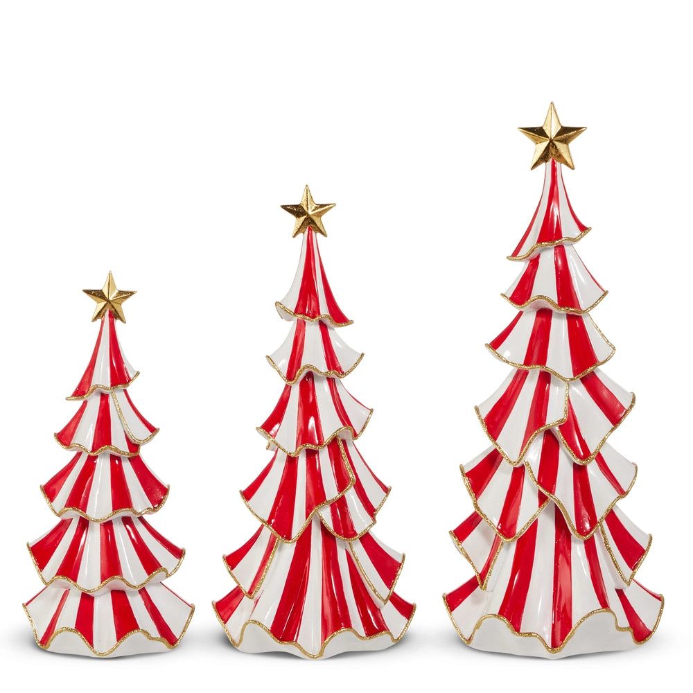 Three red and white striped decorative tabletop trees with gold star toppers and ruffled edges for holiday decor