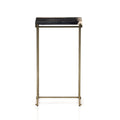 Modern end table with petrified wood top and slim metal frame in a minimalist design for home decor.