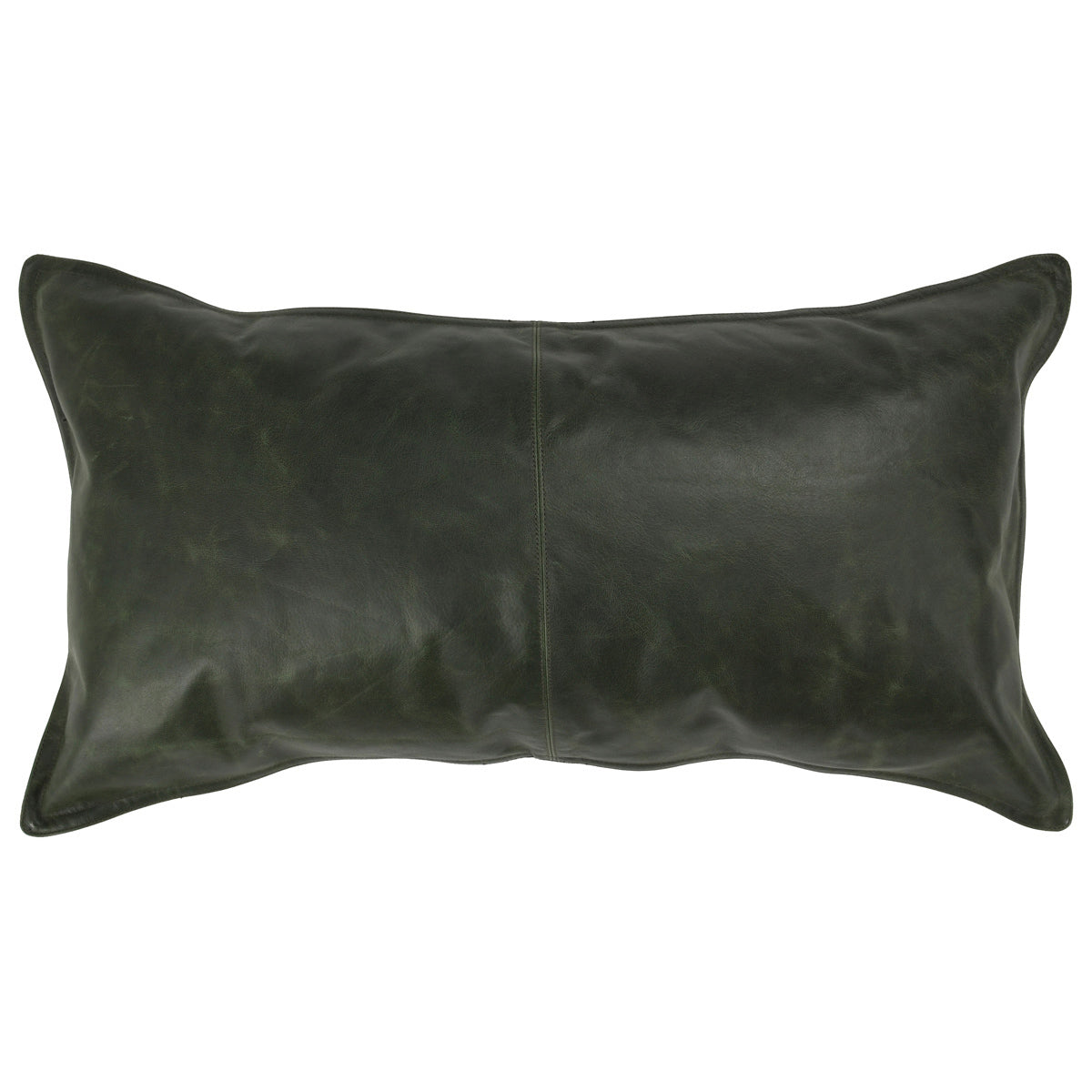 Dark green leather lumbar pillow with subtle stitching and a smooth, slightly distressed texture.