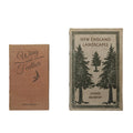 Two vintage-style books with textured covers, one titled New England Landscapes featuring tree illustrations