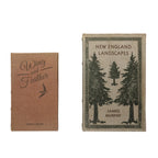 Two vintage-style books with textured covers, one titled New England Landscapes featuring tree illustrations