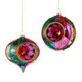 Two colorful hanging glass ornaments with floral patterns and reflective centers for holiday decor