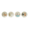 Four hand-painted stoneware plates with animal and nature designs including deer, polar bear, swan, and rabbit.