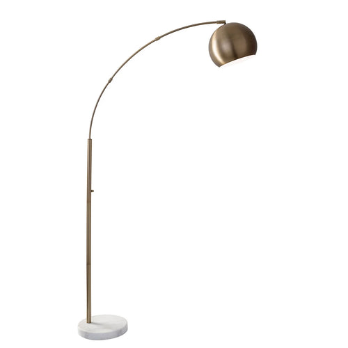 Modern arc floor lamp with a brushed brass finish and white marble base for stylish home decor lighting