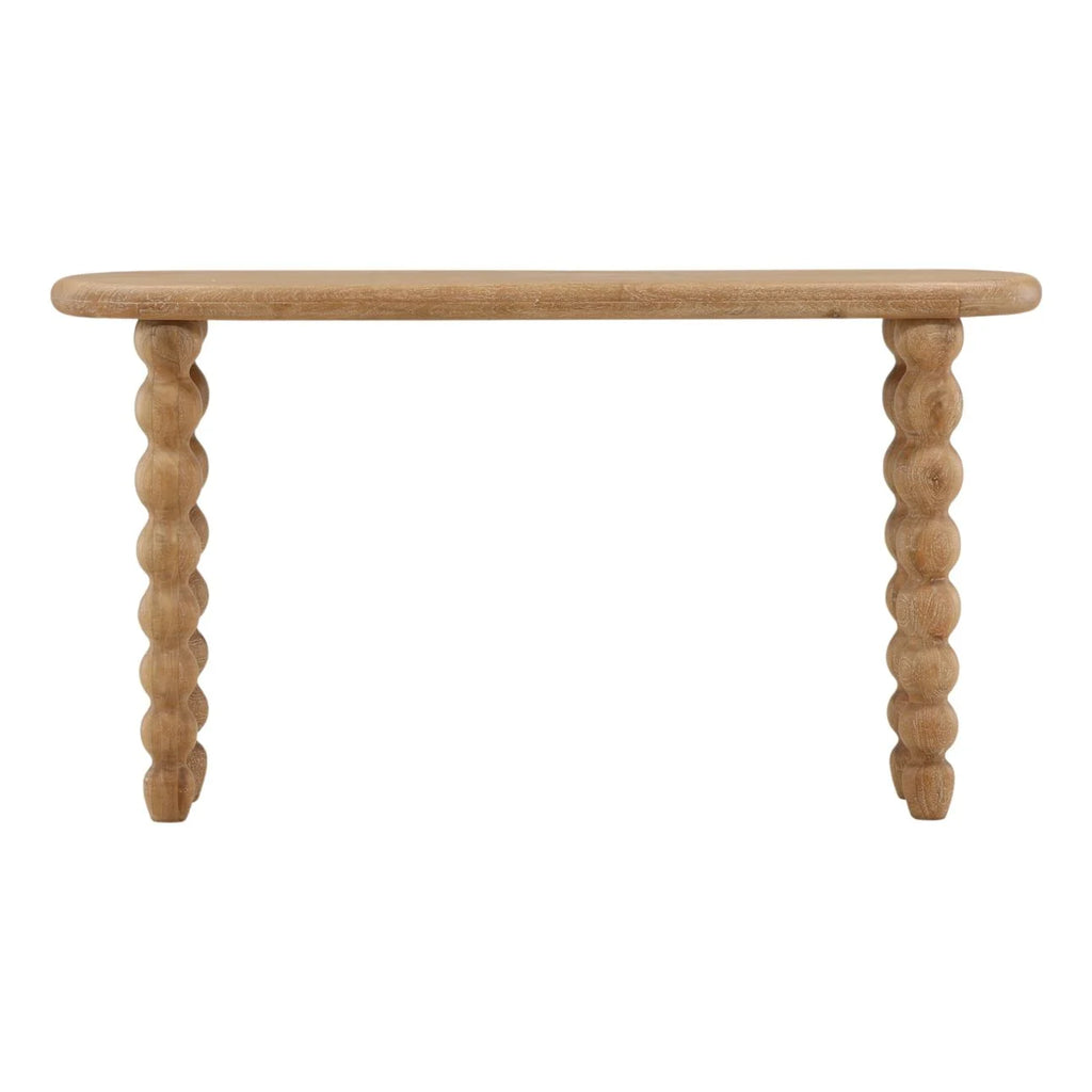 A light natural wood console table with a rounded rectangular top and two decorative knolled legs, shown against a plain white background.
