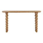 A light natural wood console table with a rounded rectangular top and two decorative knolled legs, shown against a plain white background.