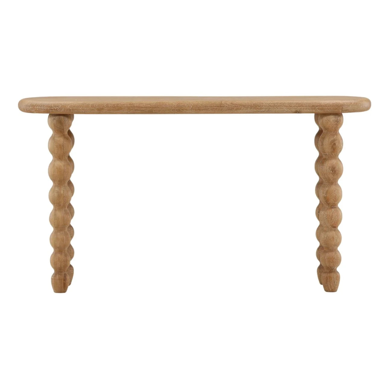 A light natural wood console table with a rounded rectangular top and two decorative knolled legs, shown against a plain white background.
