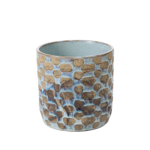 Ceramic pot with textured blue and tan patterned glaze, suitable for home decor or planters.