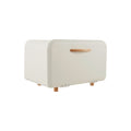 Cream metal breadbox with wooden handle on a white background