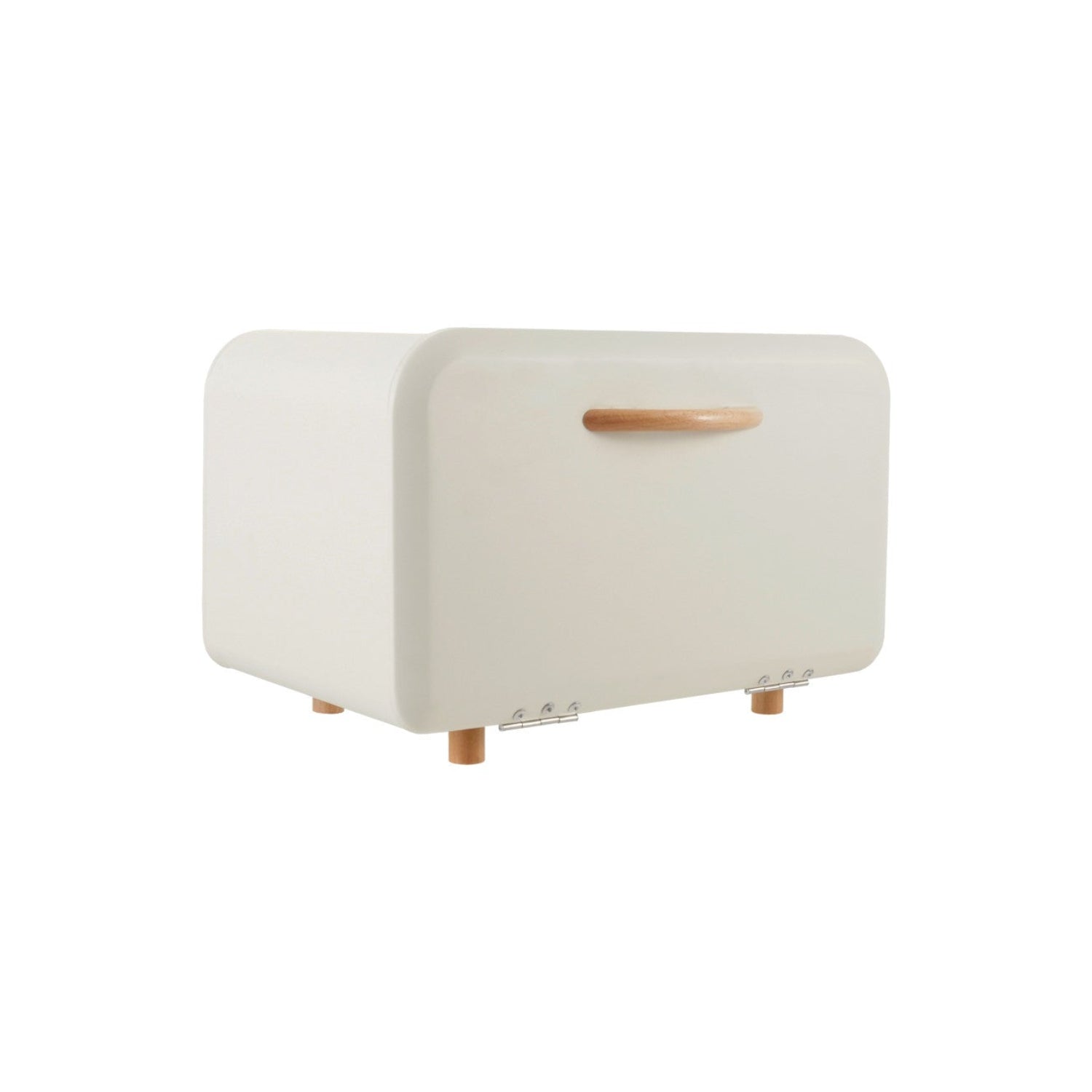 Cream metal breadbox with wooden handle on a white background