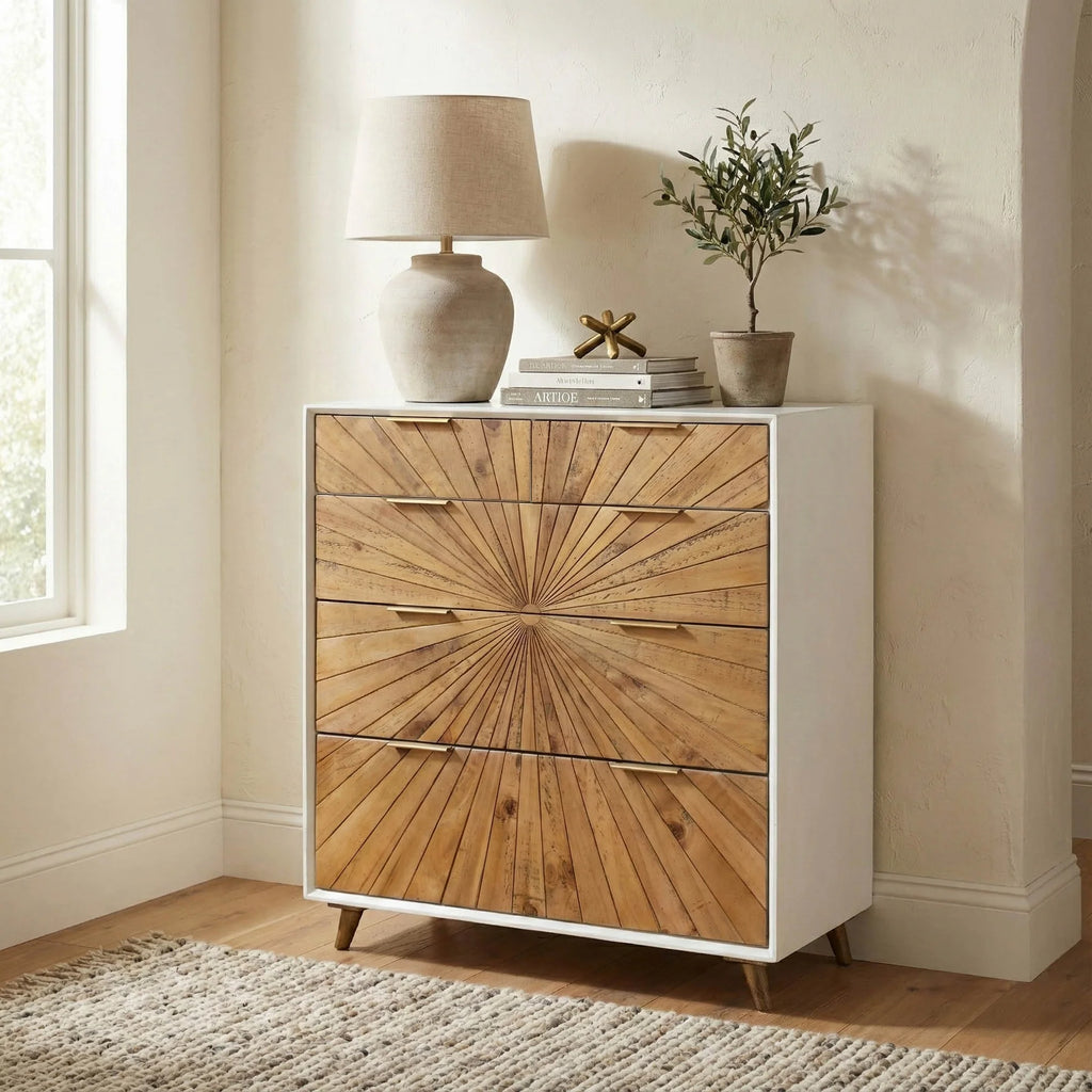 Midcentury modern chest with sunburst wood drawer fronts and minimalist white frame in a cozy room setting