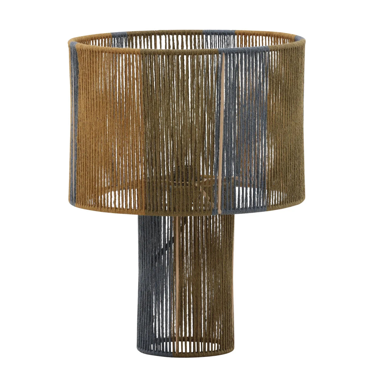 Table lamp with a cylindrical base and shade wrapped in blue and brown woven thread for a modern look