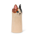 Ceramic vase shaped like a slender cat with blue eyes and multicolored ears for decorative use