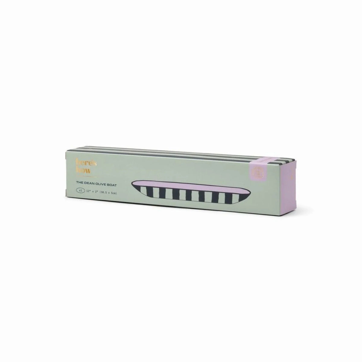 A rectangular product box for an Olive Boat, featuring a pale sage green front with a graphic of the striped boat and a lavender side panel, set against a plain white background.