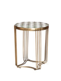 Round side table with gold metal legs and a ceramic tile top featuring a geometric pattern in neutral tones