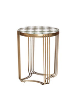 Round side table with gold metal legs and a ceramic tile top featuring a geometric pattern in neutral tones