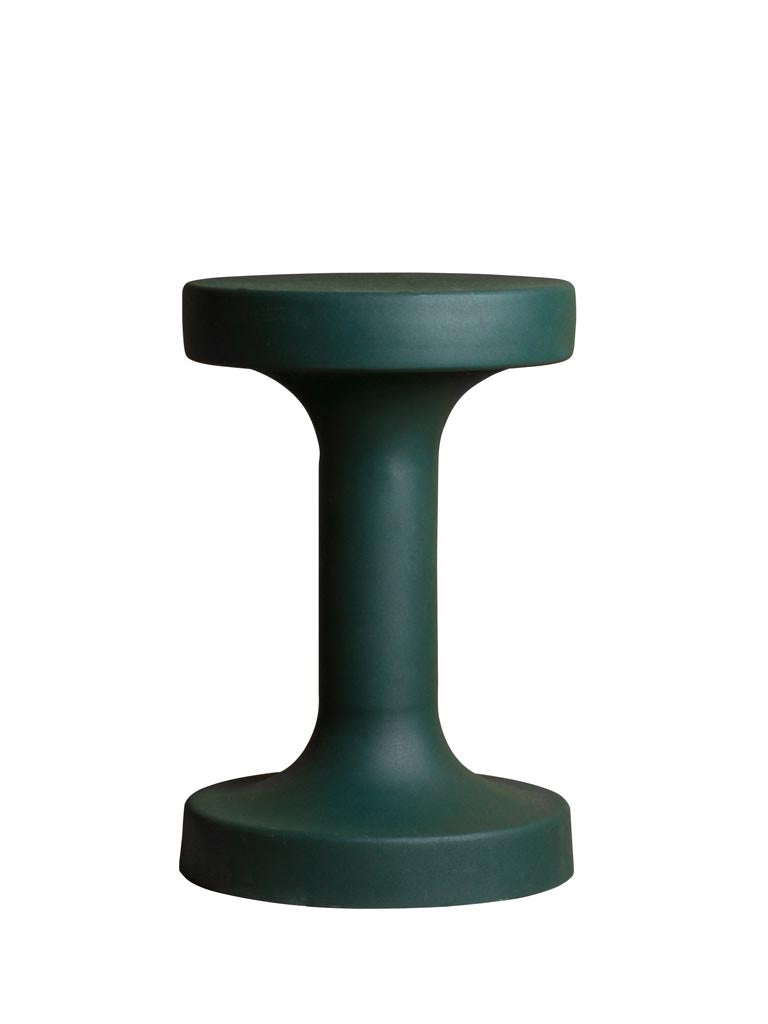 Minimalist green side table with a round top and base, featuring a sleek, modern pedestal design