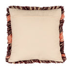 Back view of a square wool pillow with multicolor fringe edges in earthy tones and a zipper closure.