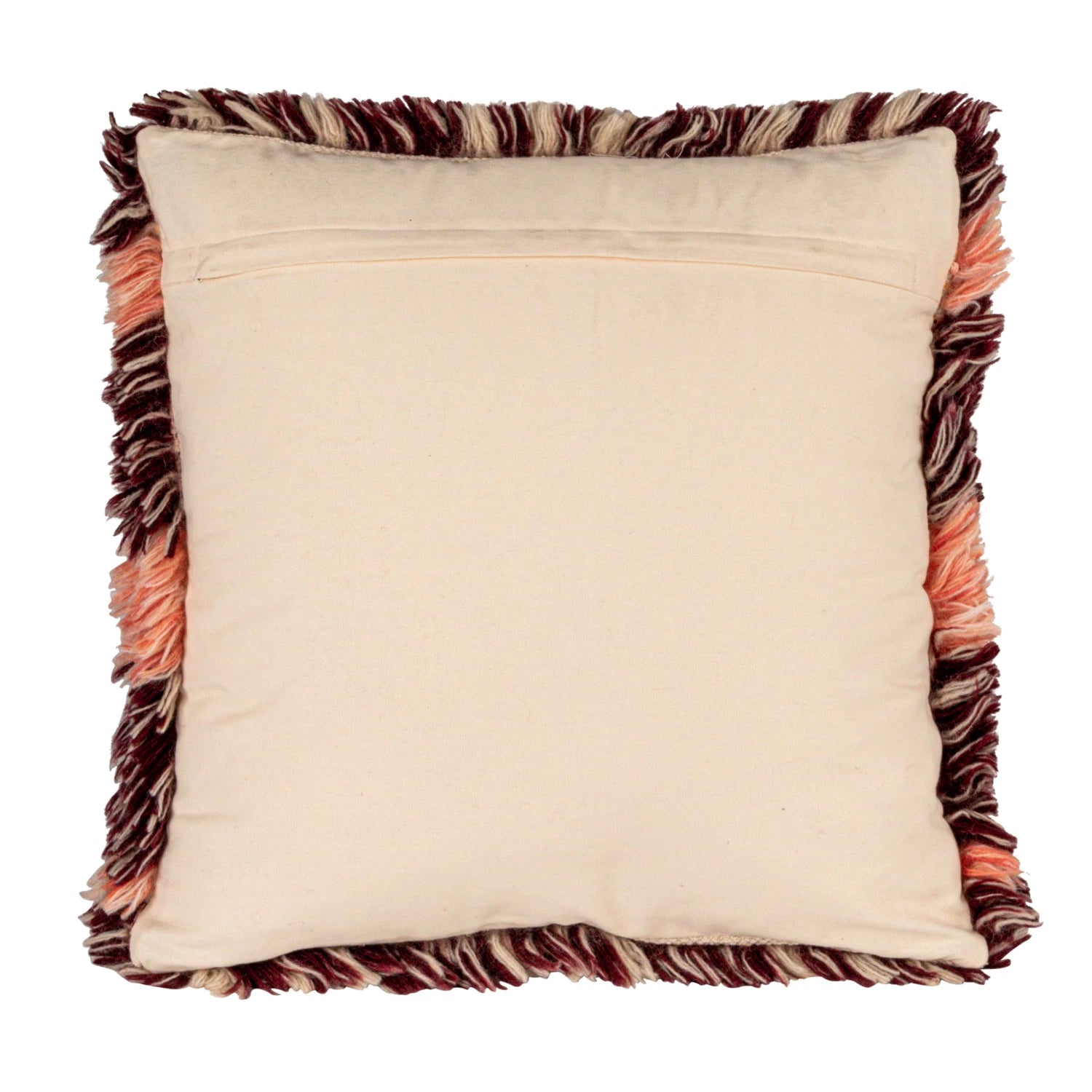 Back view of a square wool pillow with multicolor fringe edges in earthy tones and a zipper closure.
