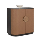 Brown cabinet with black top and white bowl on a white background