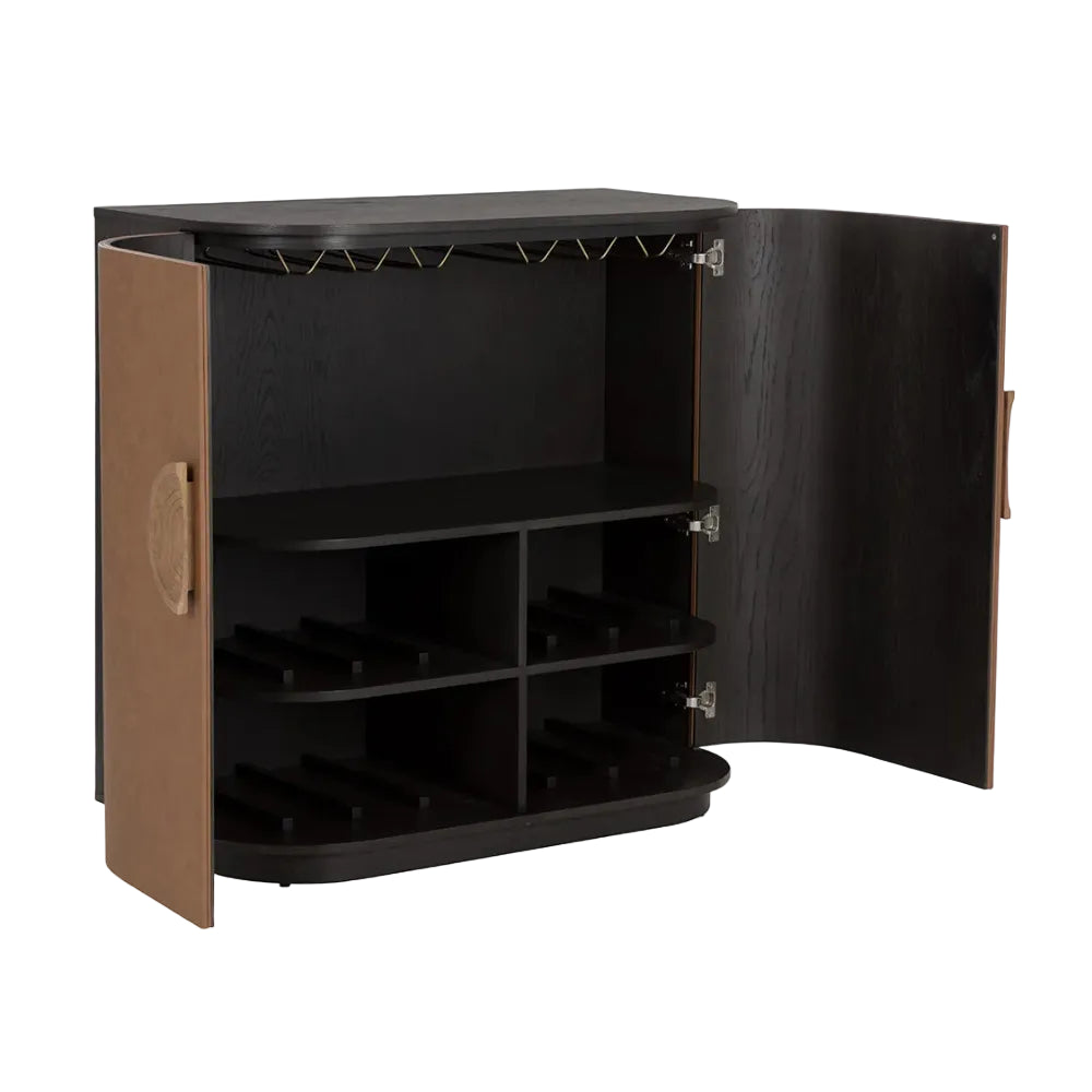 Bar wine cabinet with open door, black interior on a white background