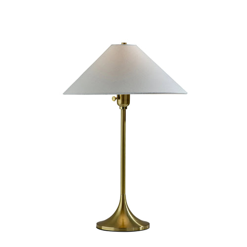 A table lamp with a tapered white fabric shade and a polished brass-toned metal base and stem, shown on a plain white background.