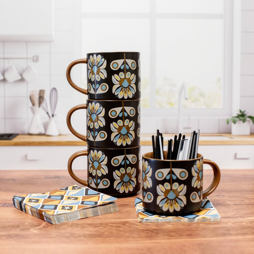 Black & Blue Petals Mid Century Mug