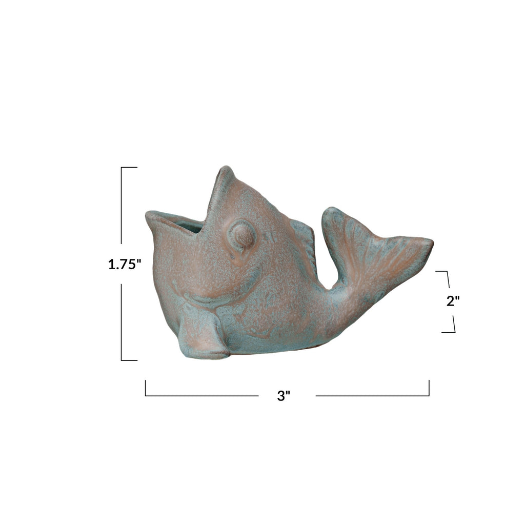 Ceramic fish-shaped planter with dimensions on a white background