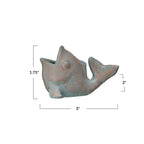 Ceramic fish-shaped planter with dimensions on a white background