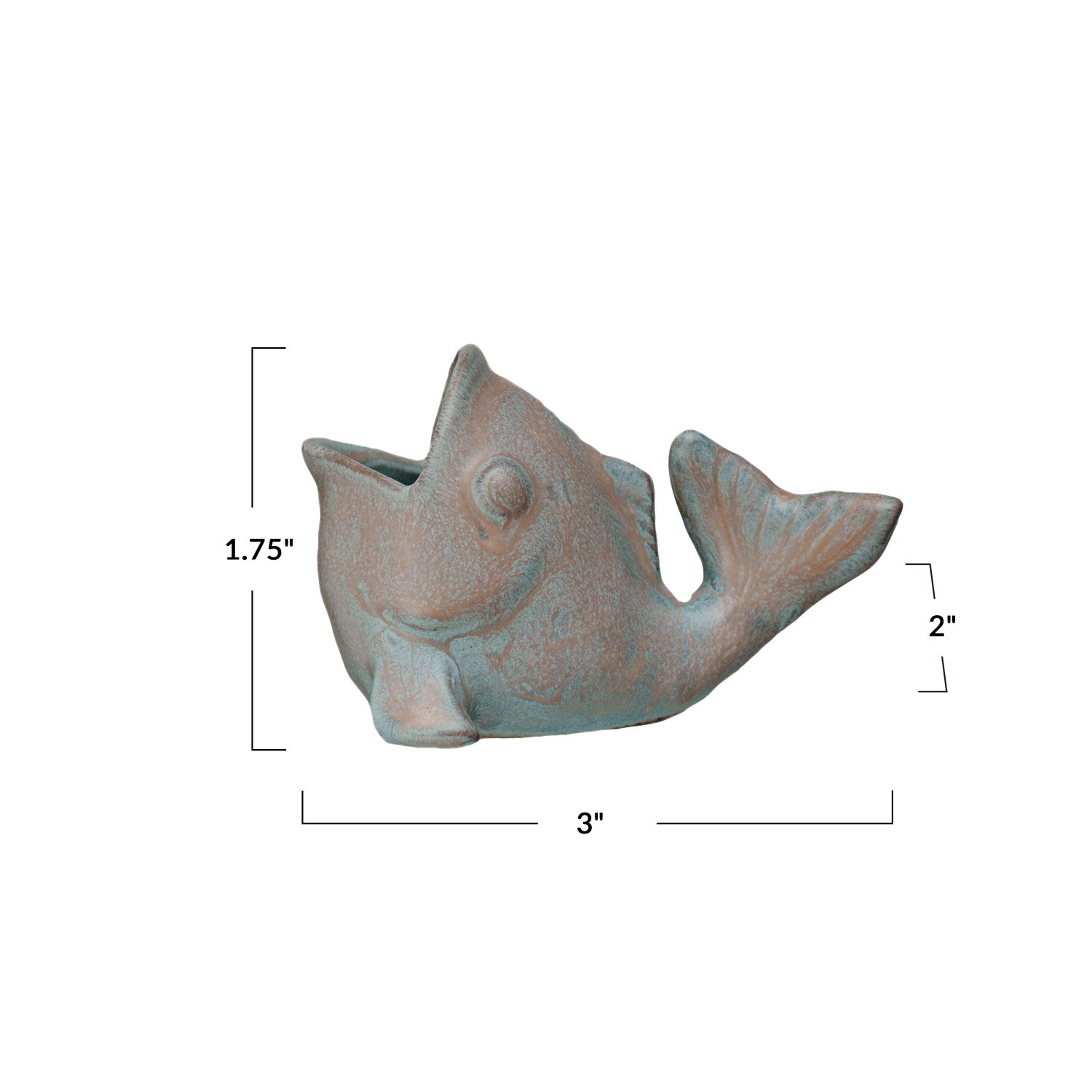 Ceramic fish-shaped planter with dimensions on a white background