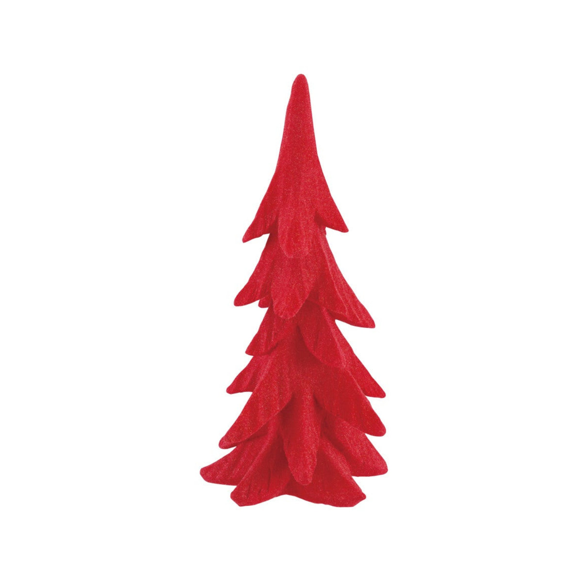 A small red felt Christmas tree decoration with layered, scalloped edges, centered on a plain white background.