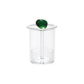 Clear glass toothpick holder with a green olive-shaped handle on top, minimalist home decor accessory.