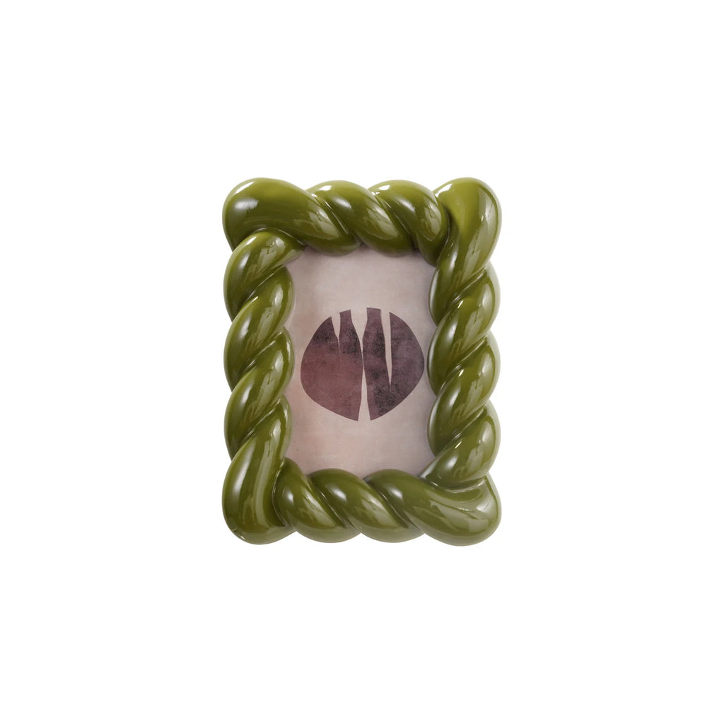 Green rope-style picture frame with a white background