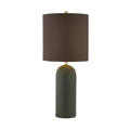 Modern table lamp with green ceramic base and dark brown fabric drum shade for home decor lighting