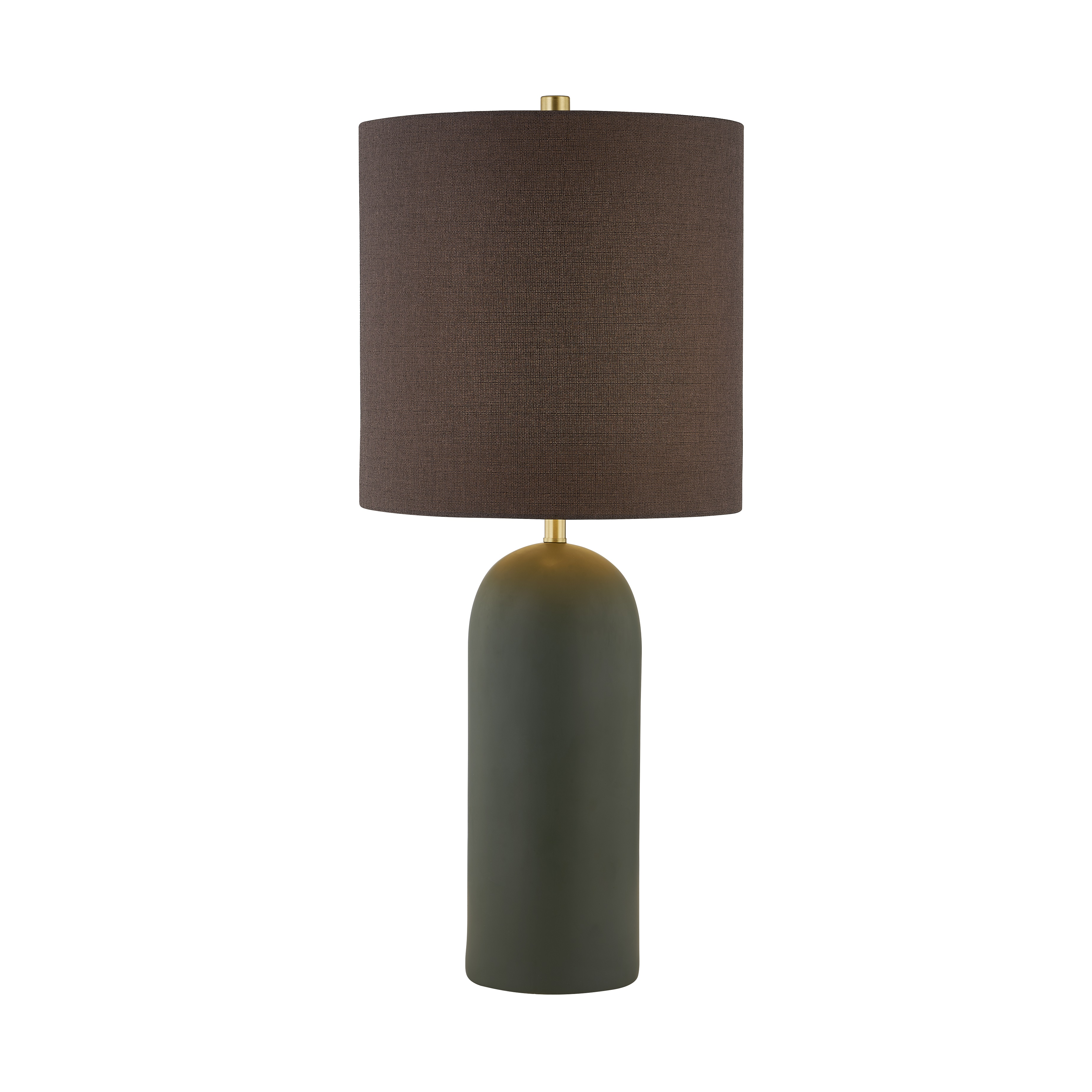 Modern table lamp with green ceramic base and dark brown fabric drum shade for home decor lighting
