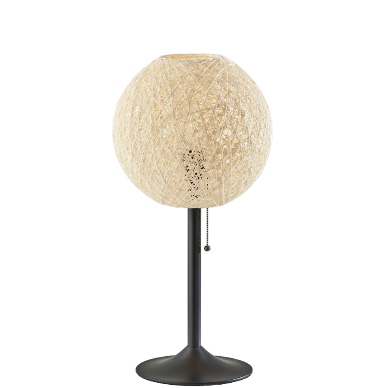 A modern table lamp with a spherical, woven beige shade and a dark metal stem on a solid white background.