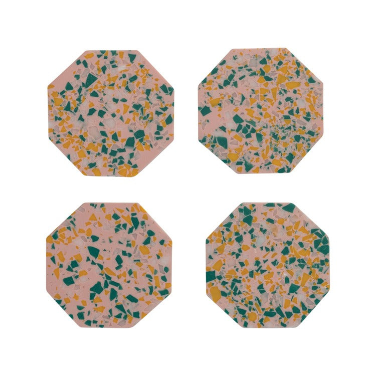 Set of four colorful octagon resin coasters with green, yellow, and pink terrazzo pattern for home decor.