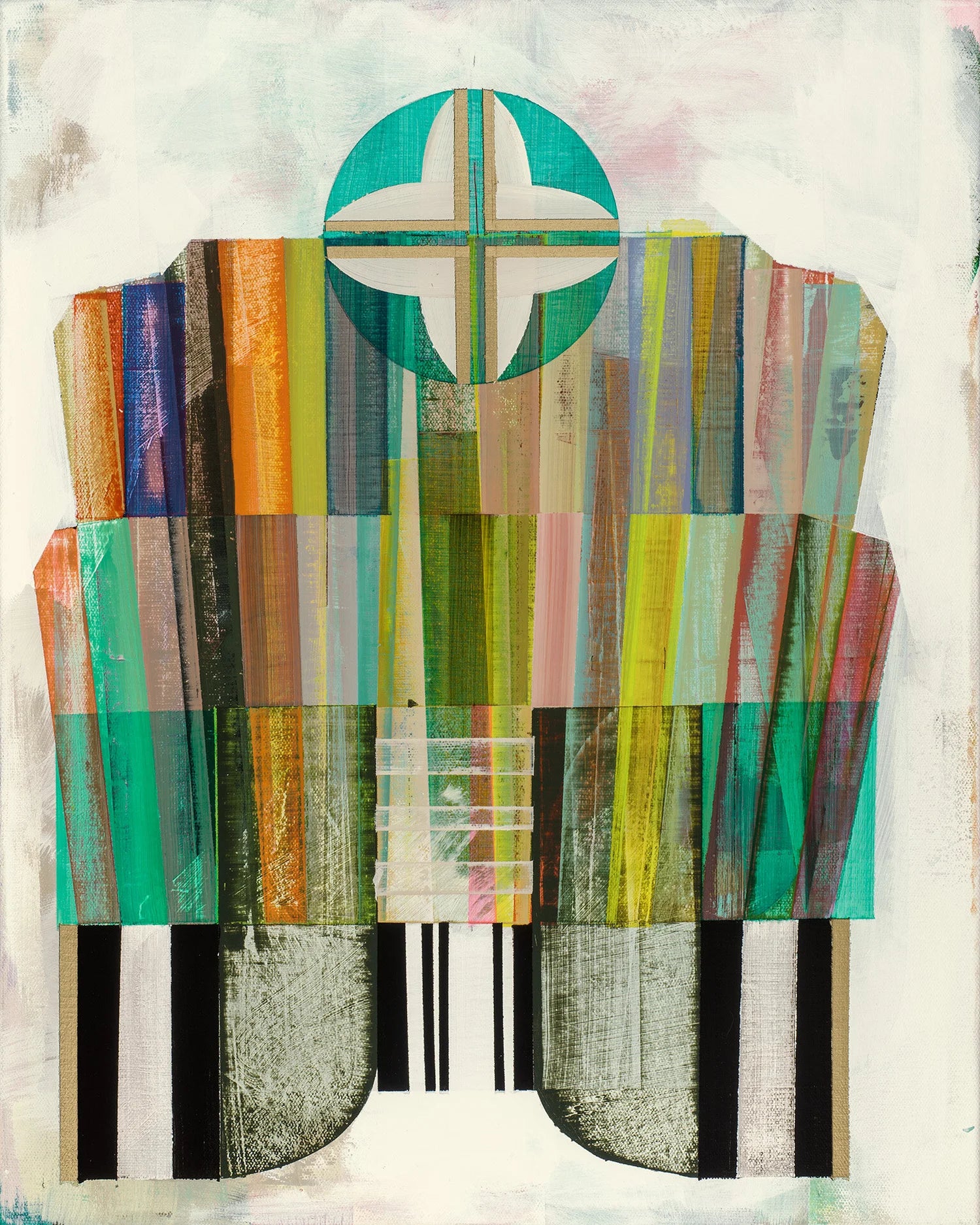 Abstract colorful artwork with vertical stripes and geometric shapes, featuring a circular cross motif at the top center