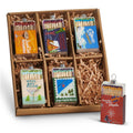 Box set of decorative holiday matchbook ornaments with festive winter-themed illustrations and colors
