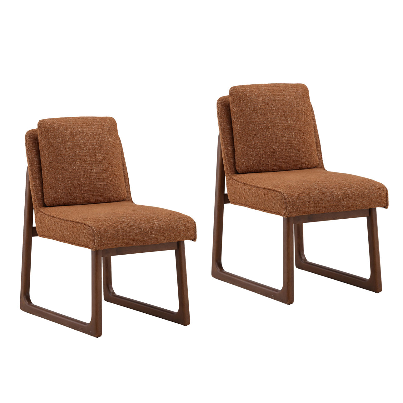 Two brown upholstered dining chairs with wooden sled-style legs and cushioned backs on white background