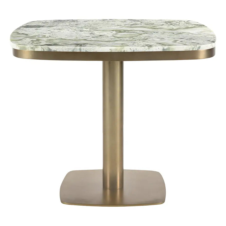 Square green marble table with rounded edges and a single brushed metal pedestal base for cafe seating.