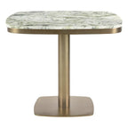 Square green marble table with rounded edges and a single brushed metal pedestal base for cafe seating.