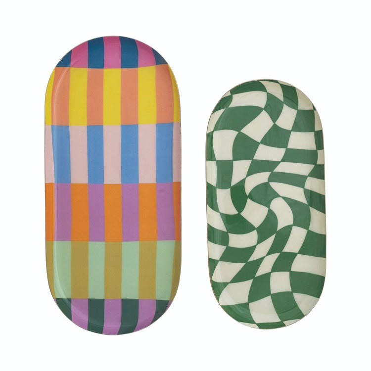 Green and White Oval Metal Tray