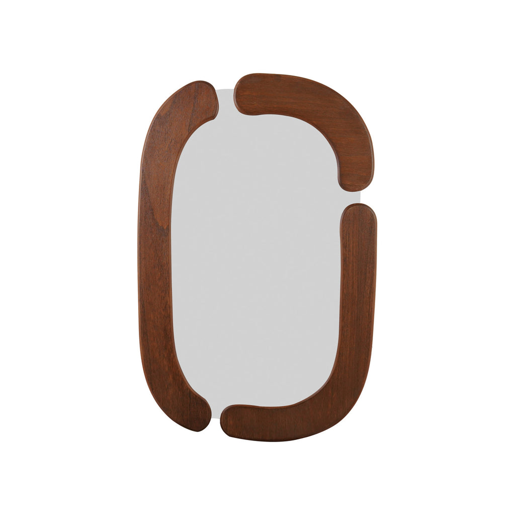 A modern oval wall mirror with a thick, rounded wooden frame in a warm medium-brown finish, shown against a plain white background.