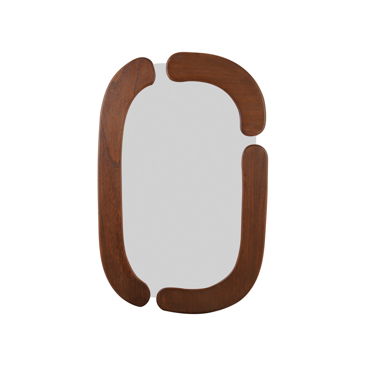 A modern oval wall mirror with a thick, rounded wooden frame in a warm medium-brown finish, shown against a plain white background.