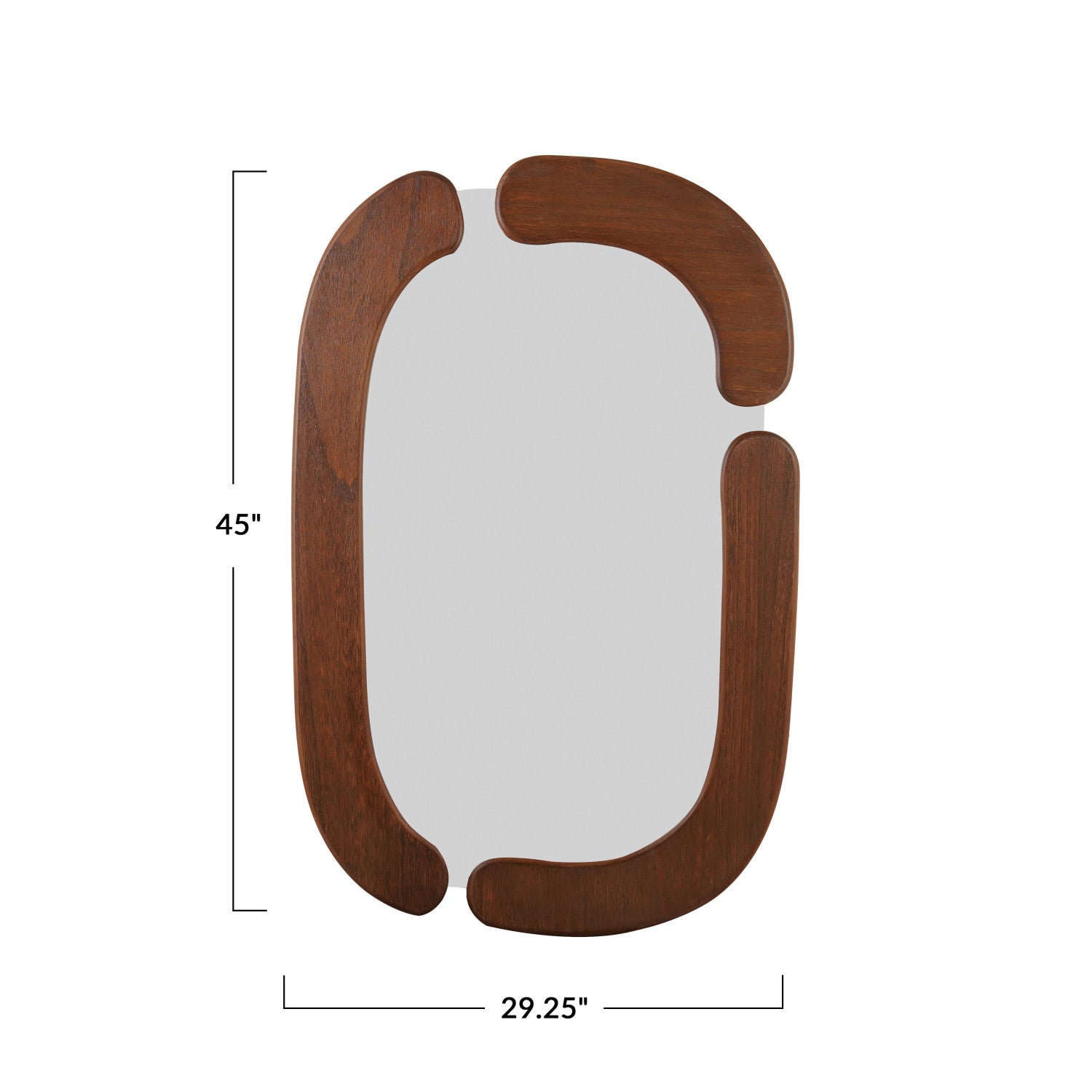 Wooden mirror with dimensions on a white background