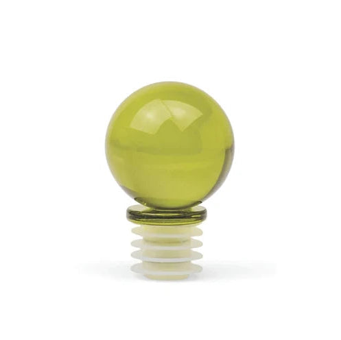 A translucent olive green glass sphere knob with a white ridged metal or plastic base, shown on a clean white background.