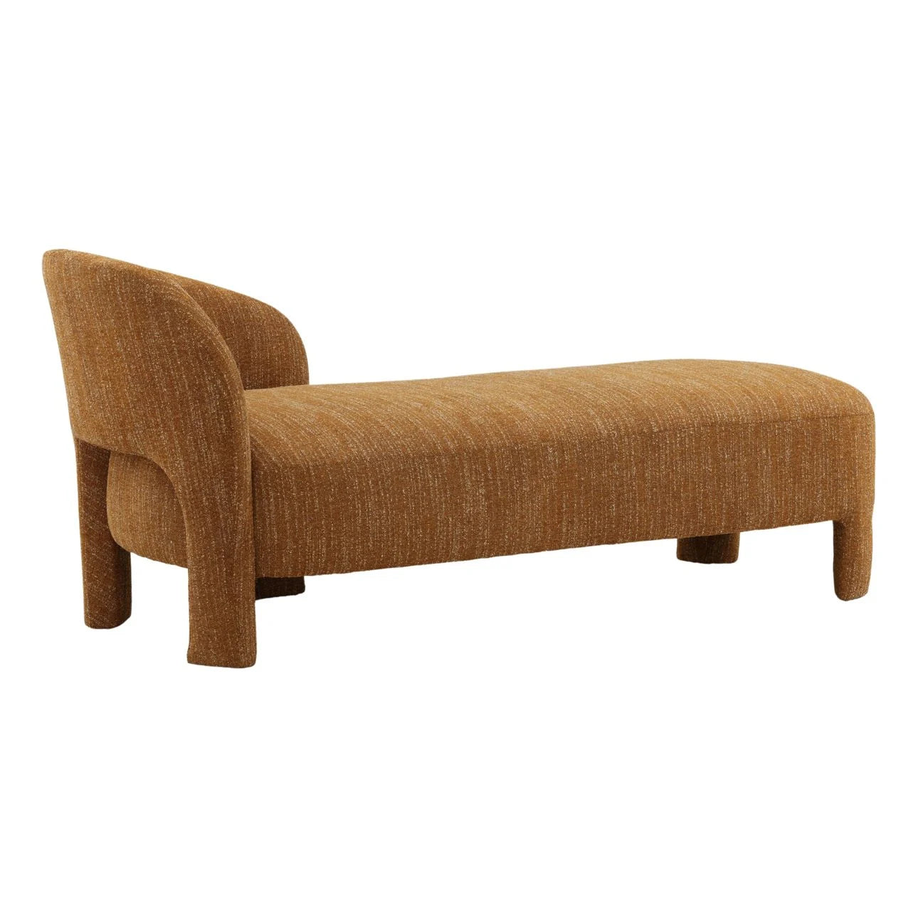 Mid-century modern brown upholstered chaise lounge with curved backrest and sturdy legs.