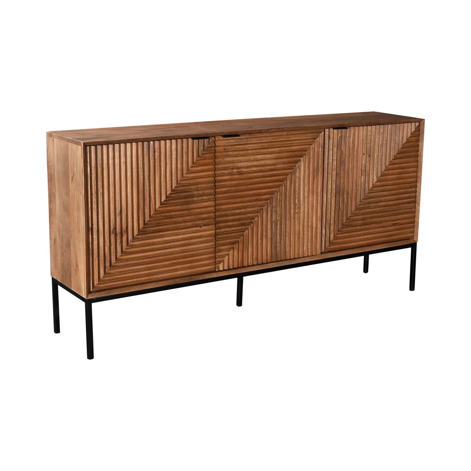 Modern wooden sideboard with textured geometric front panels and slender black metal legs in midcentury style
